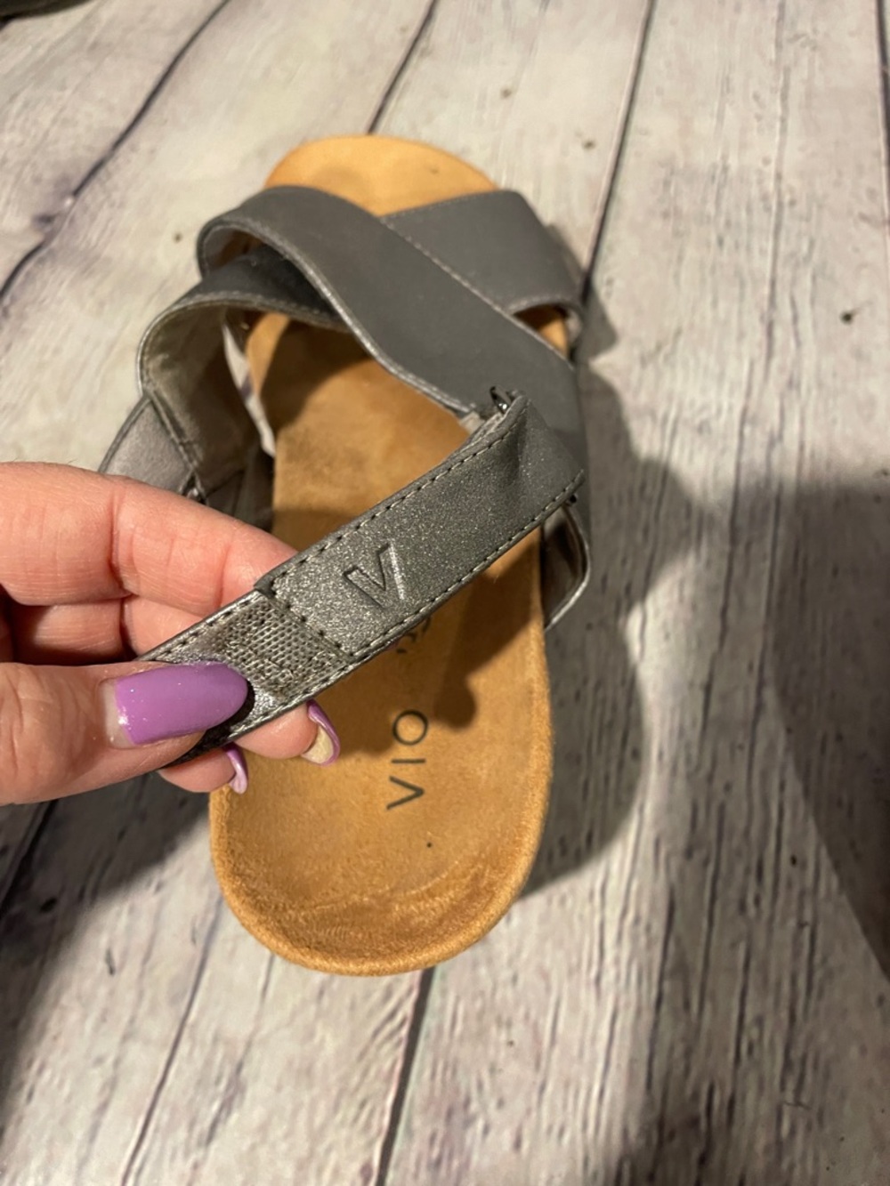 Vionic Metallic Gray Crisscross Slingback Wedge Sandals - Picture 7 of 10